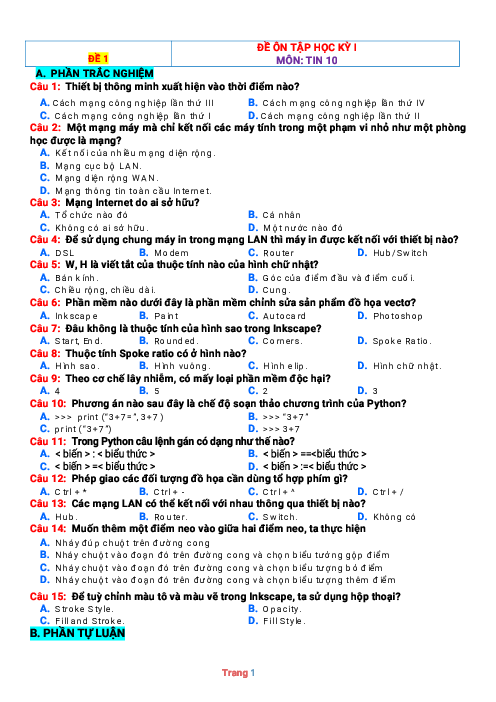 Đề thi học kỳ 1 môn Tin 10 Kết nối tri thức (có đáp án-Đề 1)