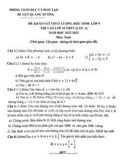Đề khảo sát Toán 9 lần 1 năm 2022 – 2023 phòng GD&ĐT Quảng Xương – Thanh Hoá