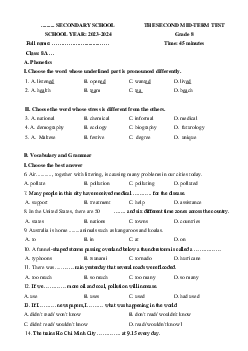 Đề thi giữa học kì 2 môn Tiếng Anh 8 năm 2023 - 2024 sách Chân trời sáng tạo - Đề 2