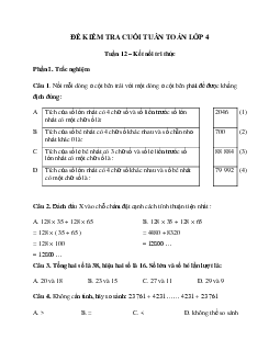 Bài tập cuối tuần Toán lớp 4 Kết nối tri thức - Tuần 12 (Cơ bản)