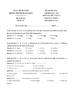Đề thi học kỳ 2 môn Tiếng Anh lớp 12 trường THPT Dương Háo Học, Trà Vinh năm học 2015 - 2016