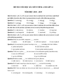 Đề thi học kì 2 lớp 12 môn Tiếng Anh trường THPT Hồng Thái năm học 2018 - 2019