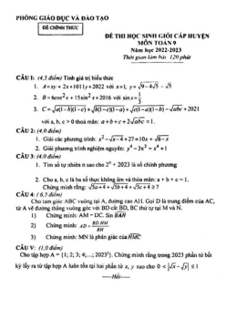 Đề học sinh giỏi huyện Toán 9 năm 2022 – 2023 phòng GD&ĐT Thanh Chương – Nghệ An