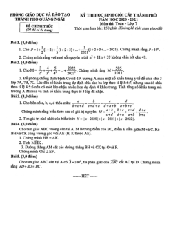 Đề học sinh giỏi Toán 7 năm 2020 – 2021 phòng GD&ĐT thành phố Quảng Ngãi