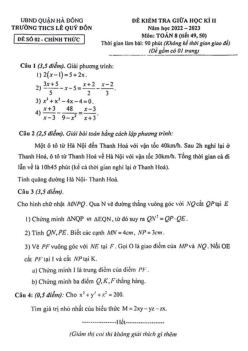 Đề giữa học kì 2 Toán 8 năm 2022 – 2023 trường THCS Lê Quý Đôn – Hà Nội