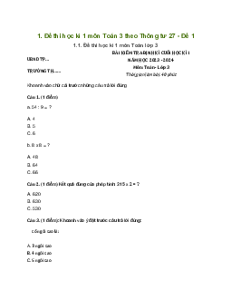 Bộ đề thi học kì 1 môn Toán 3 năm 2023 - 2024 sách Chân trời sáng tạo