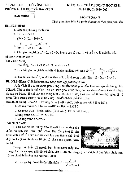 Đề thi học kỳ 2 Toán 8 năm 2020 – 2021 trường THCS Vũng Tàu – BR VT