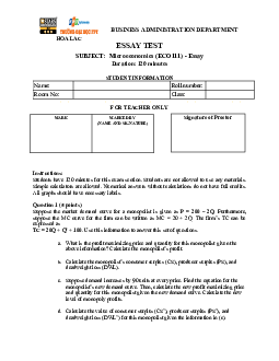 Subjects: Microecomics - Essay test