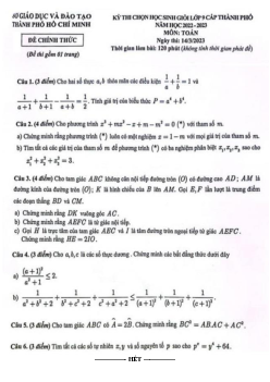 Đề thi học sinh giỏi Toán 9 năm 2022 – 2023 sở GD&ĐT TP Hồ Chí Minh