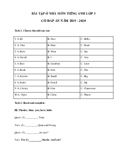 Phiếu bài tập ở nhà tiếng Anh lớp 3 - Ngày 23/03