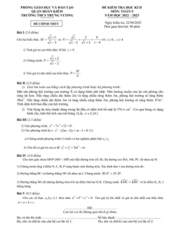 Đề học kì 2 Toán 9 năm 2022 – 2023 trường THCS Trưng Vương – Hà Nội