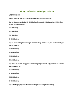 Bài tập cuối tuần lớp 3 môn Toán Kết nối tri thức - Tuần 30