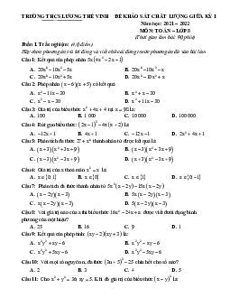 Đề giữa kỳ 1 Toán 8 năm 2021 – 2022 trường THCS Lương Thế Vinh – Nam Định