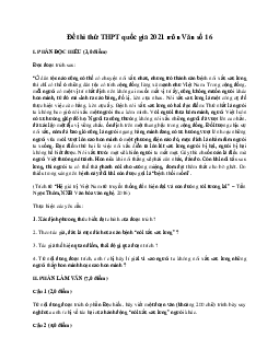 Đề thi thử THPT Quốc gia môn Ngữ Văn  năm 2021 - Đề 16 (có đáp án)
