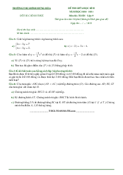 Đề thi giữa học kì 2 Toán 9 năm 2020 – 2021 trường THCS Bình Hưng Hòa – TP HCM
