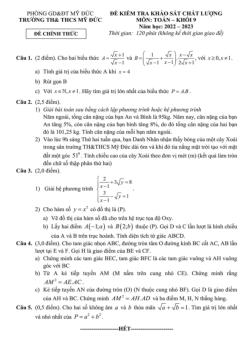 Đề khảo sát Toán 9 năm 2022 – 2023 trường TH & THCS Mỹ Đức – Hà Nội