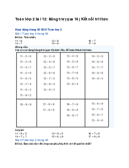Toán lớp 2 bài 12: Bảng trừ (qua 10) | Kết nối tri thức
