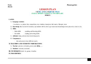 Giáo án Tiếng Anh 6 sách Friends Plus Unit 6