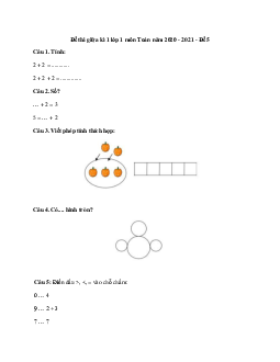 Đề thi giữa kì 1 lớp 1 môn Toán năm 2020 - 2021 - Đề 5