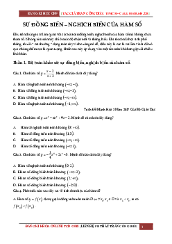 Bài tập trắc nghiệm sự đồng biến và nghịch biến của hàm số – Trần Công Diêu Toán 12