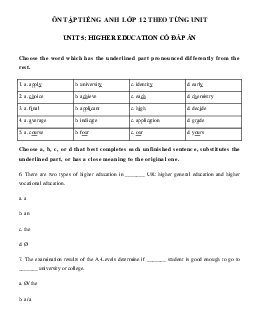 Trắc nghiệm tiếng Anh lớp 12 Unit 5: Higher Education có đáp án