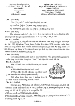 Đề giữa kì 2 Toán 9 năm 2022 – 2023 trường THCS Lê Tấn Bê – TP HCM