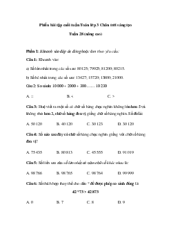 Phiếu bài tập cuối tuần Toán lớp 3 Chân trời - Tuần 28 (nâng cao)