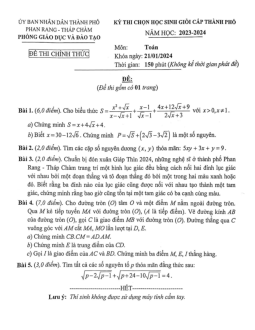Đề HSG Toán 9 năm 2023 – 2024 phòng GD&ĐT Phan Rang – Tháp Chàm – Ninh Thuận