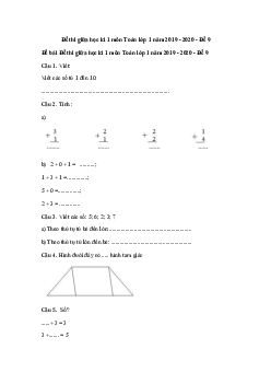Đề thi giữa học kì 1 môn Toán lớp 1 năm 2019 - 2020 - Đề 9