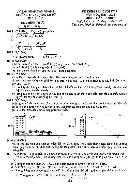 Đề thi học kỳ 1 Toán 9 năm 2021 – 2022 trường THCS Thạch Thán – Hà Nội