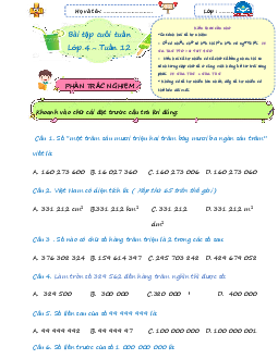 Giải Bài tập cuối tuần lớp 4 môn Toán Chân trời sáng tạo - Tuần 12