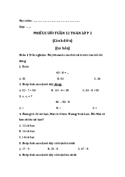 Bài tập cuối tuần Toán lớp 2 Cánh diều Tuần 12