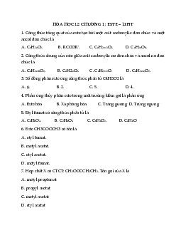 Trắc nghiệm hóa 12 chương 1: Este và Lipit Có đáp án