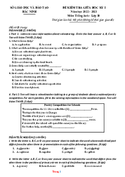 Đề thi giữa HK1 Tiếng Anh 10 Sở GD Bắc Ninh 2022-2023 (có đáp án)