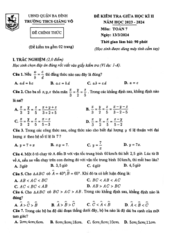Đề giữa học kì 2 Toán 7 năm 2023 – 2024 trường THCS Giảng Võ – Hà Nội