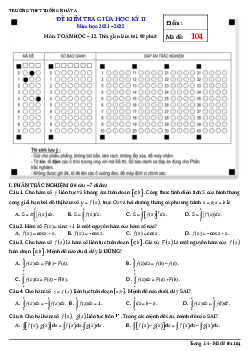 Đề giữa học kỳ 2 Toán 12 năm 2021 – 2022 trường THPT Thống Nhất A – Đồng Nai