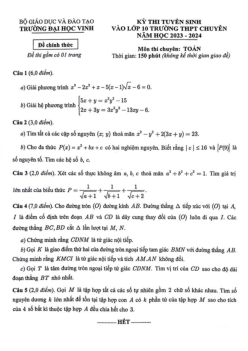 Đề tuyển sinh lớp 10 môn Toán năm 2023 – 2024 trường THPT chuyên ĐH Vinh – Nghệ An