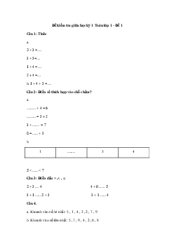Đề thi giữa kì 1 lớp 1 môn Toán - Đề 1