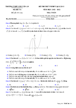Đề thi thử THPT Quốc gia 2022 môn Toán trường THPT Chu Văn An, Thái Nguyên (có đáp án)