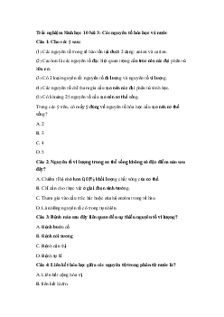 Trắc nghiệm Sinh học 10 bài 3: Các nguyên tố hóa học và nước