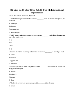 Đề kiểm tra 15 phút Tiếng Anh 12 Unit 14: International organizations
