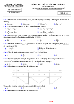 Đề thi KSCL Toán 12 năm 2022 Trường THPT Trần Phú lần 2 (có đáp án)