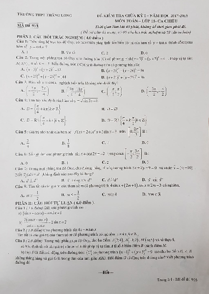 Đề kiểm tra giữa kỳ I năm học 2017 – 2018 môn Toán 11 trường THPT Thăng Long – Hà Nội
