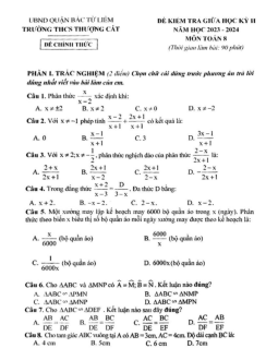 Đề thi giữa học kỳ 2 Toán 8 năm 2023 – 2024 trường THCS Thượng Cát – Hà Nội