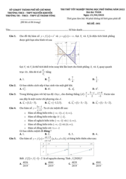Đề thi thử THPT Quốc gia 2022 môn Toán trường THPT Nguyễn Khuyến & Lê Thánh Tông, TP HCM