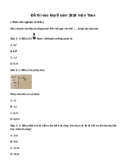 Đề thi tuyển sinh vào lớp 6 môn Toán năm học 2020 - 2021 trường THCS Trần Mai Ninh, TP Thanh Hóa