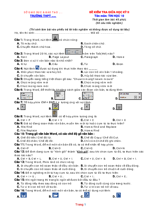 Đề kiểm tra giữa HK2 Tin 10 năm 2022 có đáp án (Đề 3)