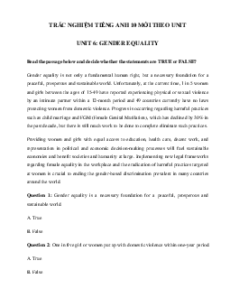 Trắc nghiệm Reading tiếng Anh lớp 10 Unit 6 Gender Equality | Global Success