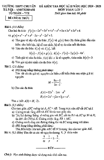 Đề thi học kỳ 2 Toán 7 năm 2020 – 2021 trường chuyên Hà Nội – Amsterdam