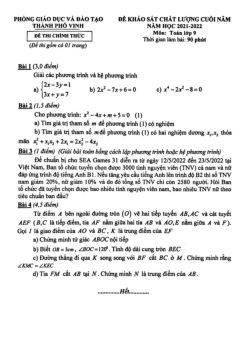 Đề KSCL Toán 9 cuối năm 2021 – 2022 phòng GD&ĐT thành phố Vinh – Nghệ An